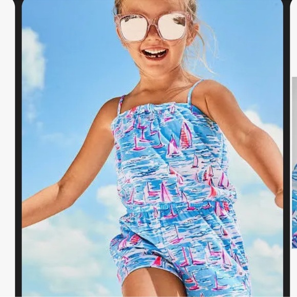 Lilly Pulitzer Girls Jaycee Romper Zanzibar Blue Boatyliciouslarge (8-10) NWOT